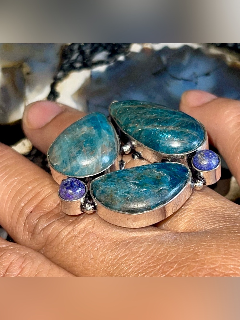 Oversize Blue Apatite & Lapis Lazuli Ring Size 8 3/4